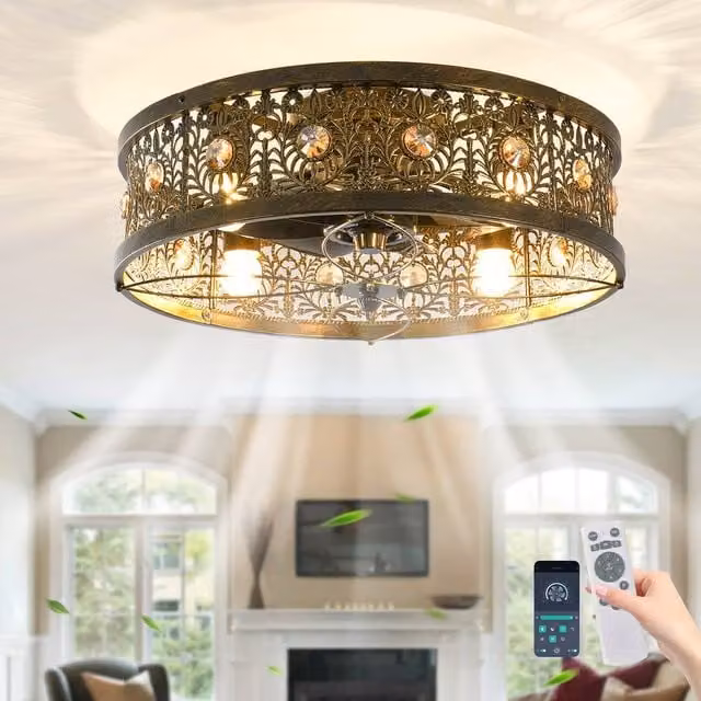 NIVOR Vintage Victorian Crystal Ceiling Fan with Light in Bronze and Metal, Diameter: 50 cm