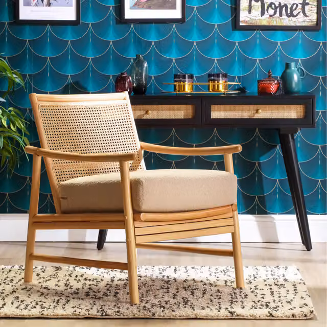Desser Borneo Indoor Rattan Armchair with Beige Bouclé Fabric Cushion