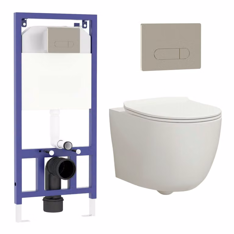 Royal Bathrooms Elva White Ceramic Wall Hung Rimless Toilet with Slim Soft Close Seat and Aqua Brushed Nickel Plate Wall Hung Frame