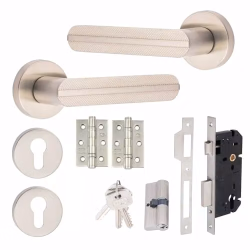 Golden Grace Lima Knurled Euro Lock Door Handles and Key Lock Set in Chrome