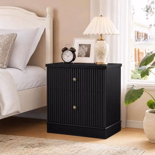 London Boutique Modern Fluted Bedside Cabinet in Black with 2 Drawers and Shelf – 1