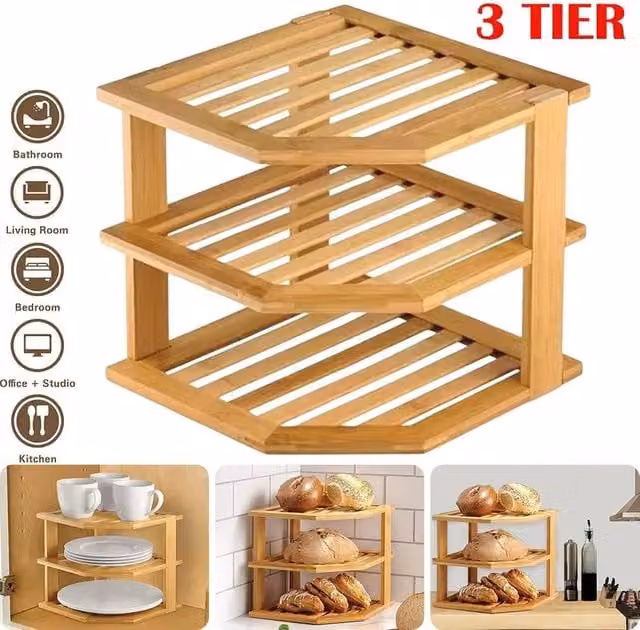 FORGEVIO 3 Tier Bamboo Corner Kitchen Cupboard Shelf in Natural Sand