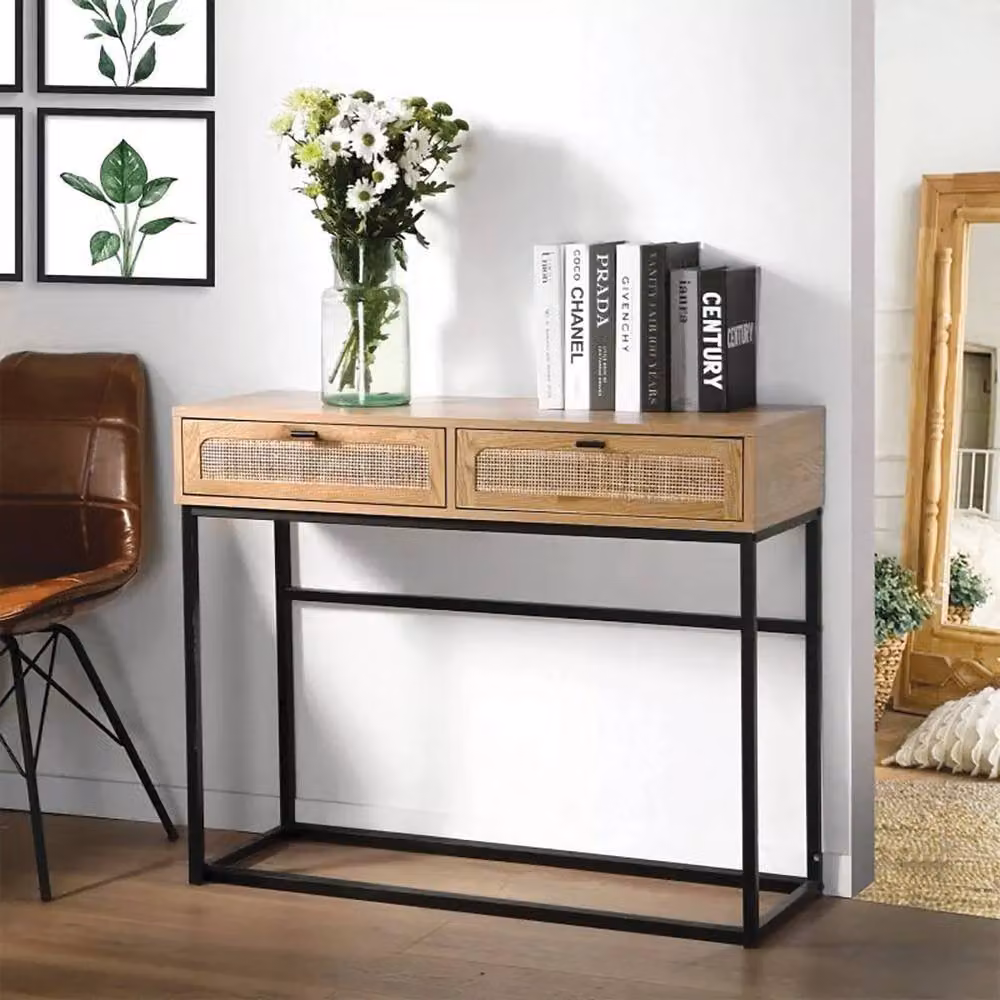 CALICOSY Jaya 2-Drawer Rattan Cane Console Table in Light Brown, W: 100 cm, D: 35 cm, H: 80 cm – 2