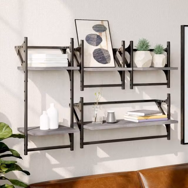 Berkfield Home 4 Piece Grey Sonoma Wall Mounted Shelf Set with Hanging Rods