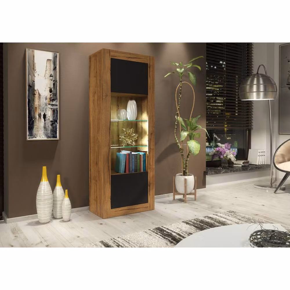 Mex Furniture LTD Illume Modern Display Cabinet with LED Lighting, Dark Oak and Black Matt Finish, H 170 x W 63 x D 35 cm – 2