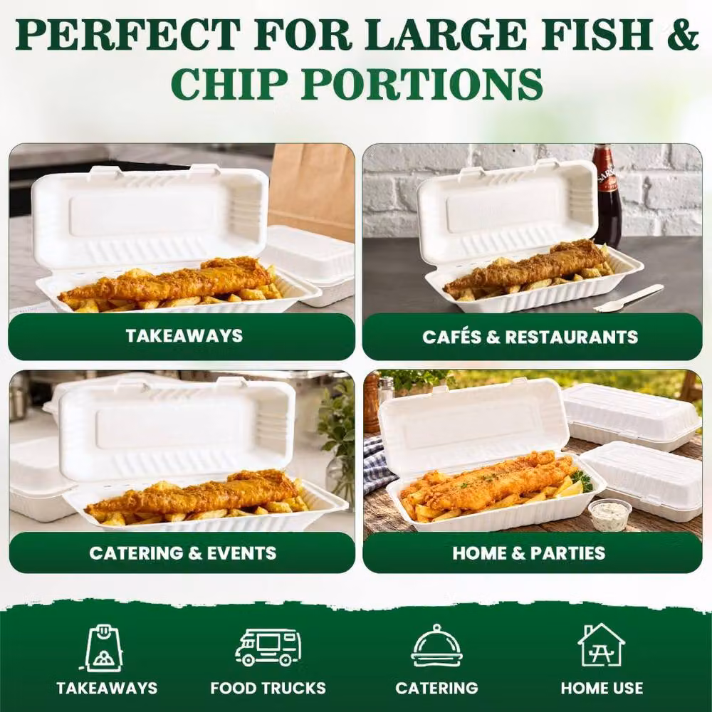 ECONX Biodegradable Bagasse Clamshell Fish and Chips Takeaway Food Containers, White, 200 Pieces – 2