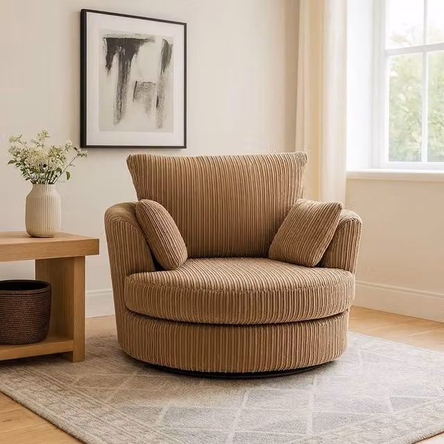LUXURY LIFE Amalfi Dylan Swivel Chair in Light Brown Jumbo Cord Fabric
