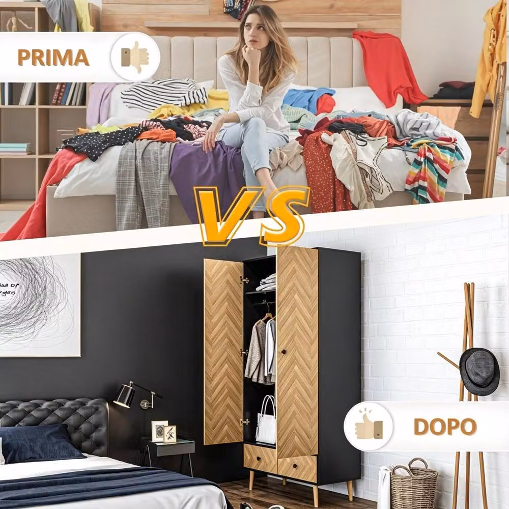 STILVORA Modern Pine Wardrobe with 2 Drawers, Internal Shelves and Hanging Rod in Natural Brown – 6