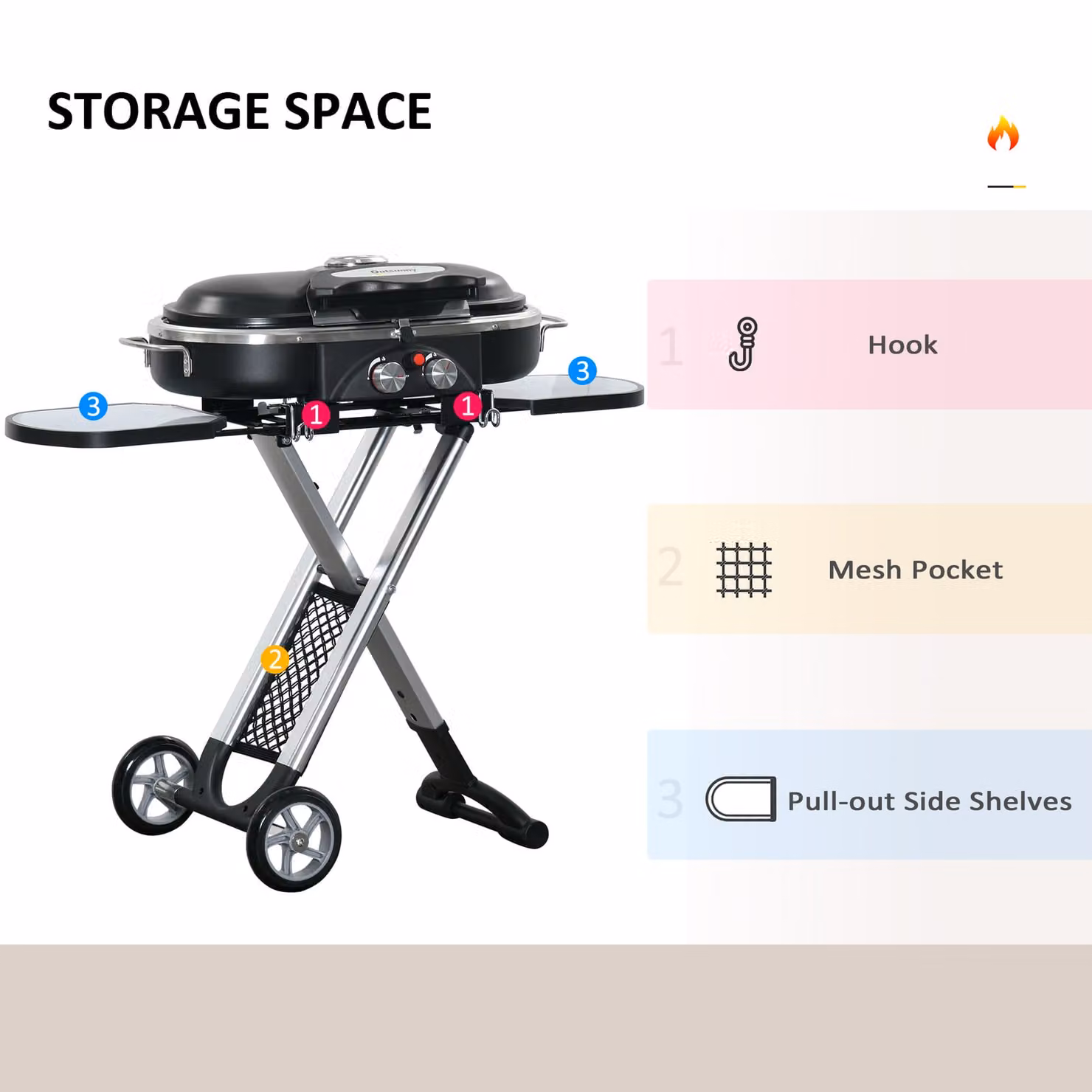 Outsunny 2 Burner Foldable Gas BBQ Grill Trolley in Black with Lid, Side Shelves, Piezo Ignition and Thermometer – 6