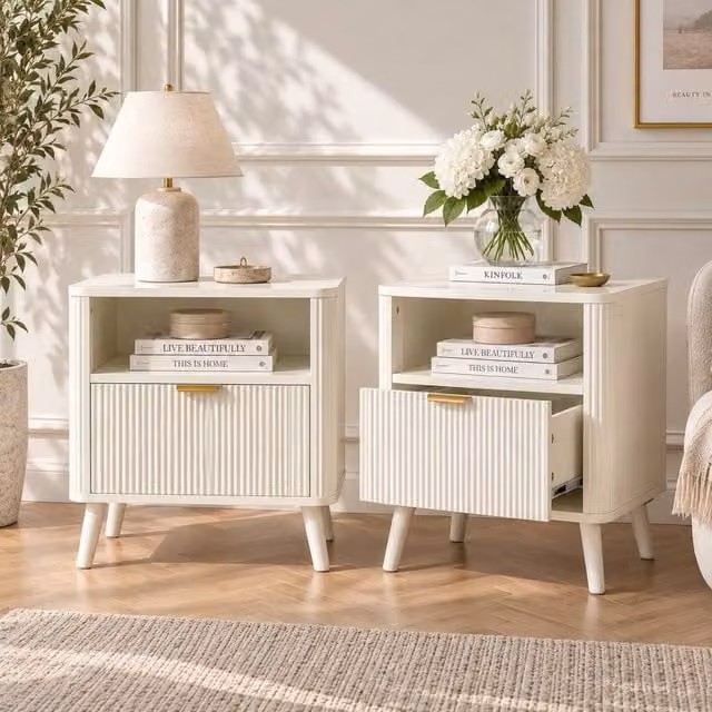 Merax Set of 2 Fluted Bedside Tables with Drawer and Open Shelf in Cream