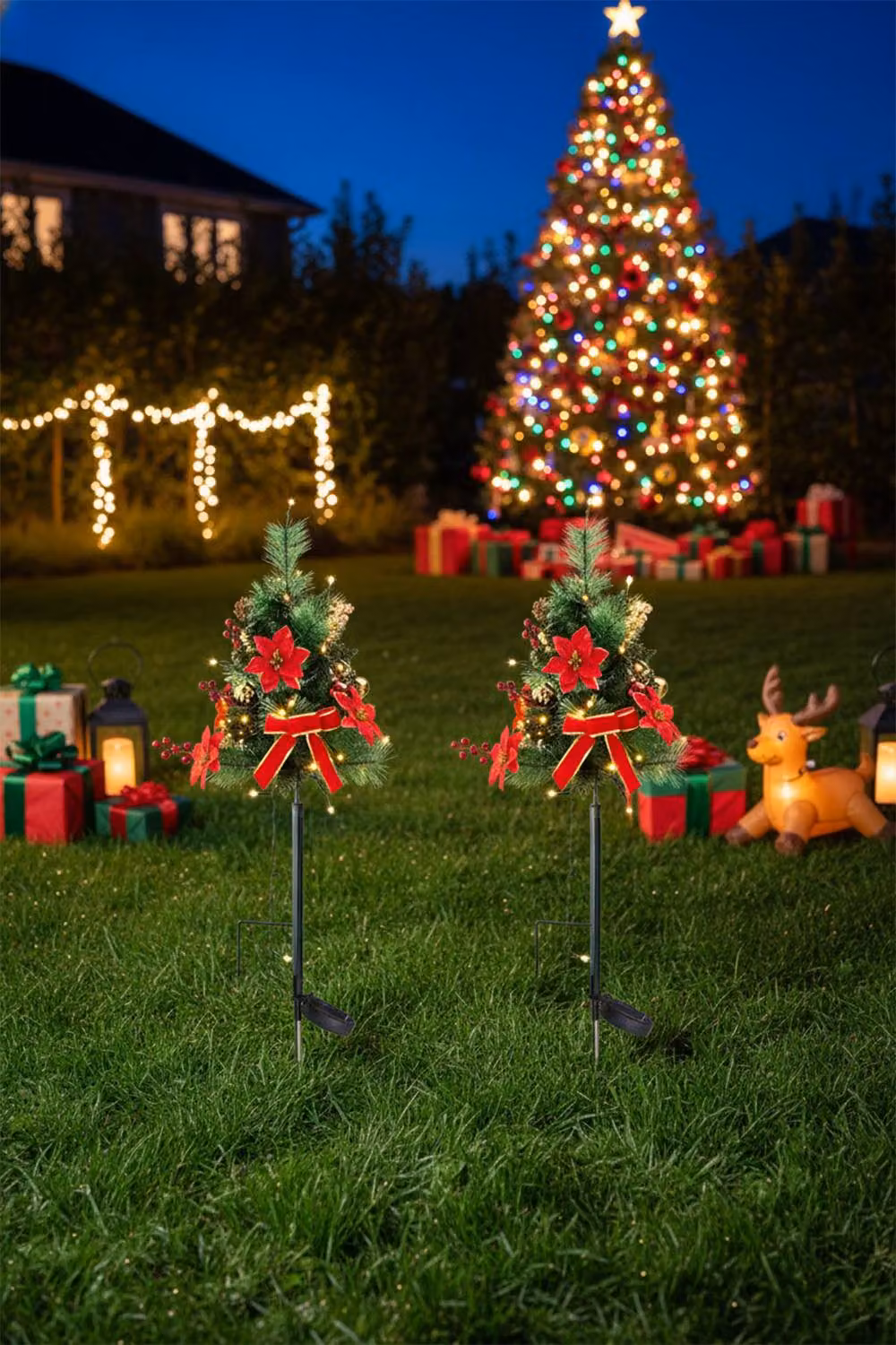 Living and Home 2-Piece Pre-Lit Artificial Christmas Tree Urn Filler with Poinsettia Flowers and Bows in Red, Gold and Multicolour – 2
