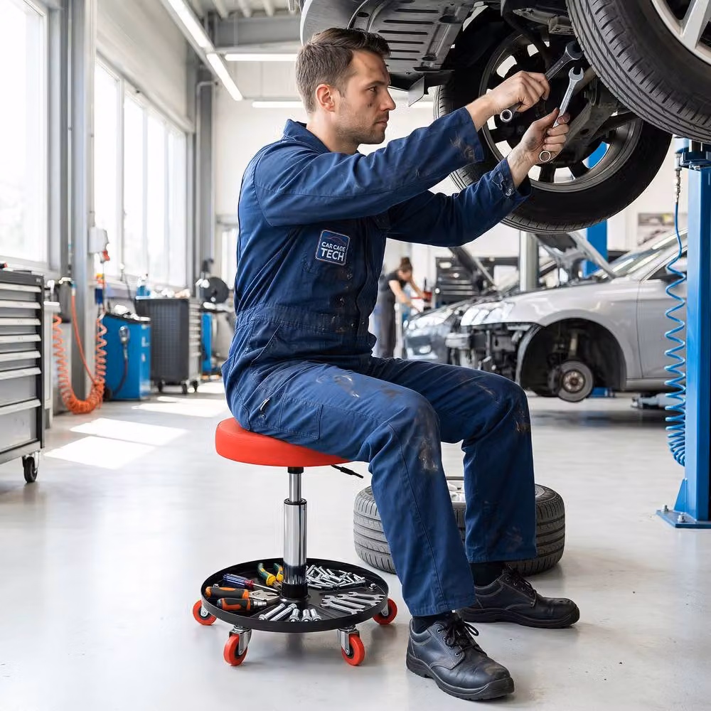 Costway Height Adjustable Mechanic Stool with Wheels and Storage, Red – 3