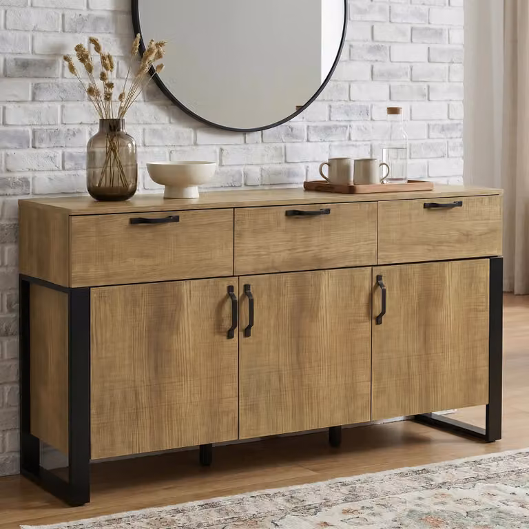 Ironmere Oak-Effect Large Sideboard Cabinet with 3 Doors and 3 Drawers in Brown and Black, W/D/H: 150 x 40 x 80 cm