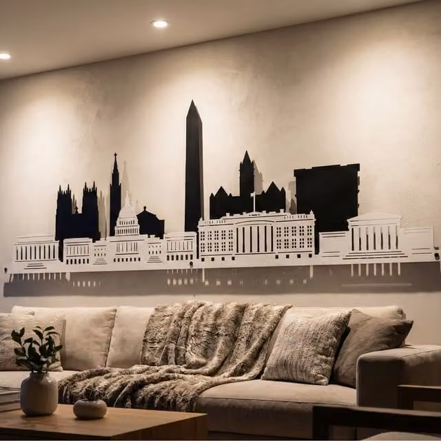 Laser Hut Washington Skyline Metal Wall Art in Black and White