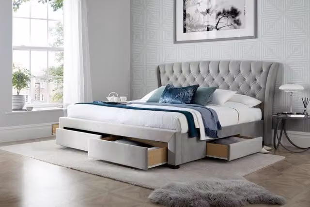 Bedmaster Newton Grey Velvet 4 Drawer Storage Bed and Memory Maestro Memory Foam Mattress Set, W/D/H: 140 x 200 x 174 cm