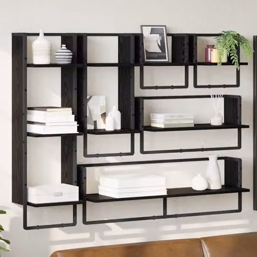 vidaXL Set of 6 Wall-Mounted Shelves in Black Oak, W/D/H: 100 x 25 x 30 cm – 2