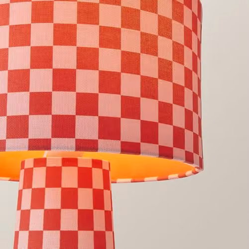 ValueLights Pritchard Pink and Red Checkerboard Drum Table Lamp with Fabric Shade and LED Bulb – 3