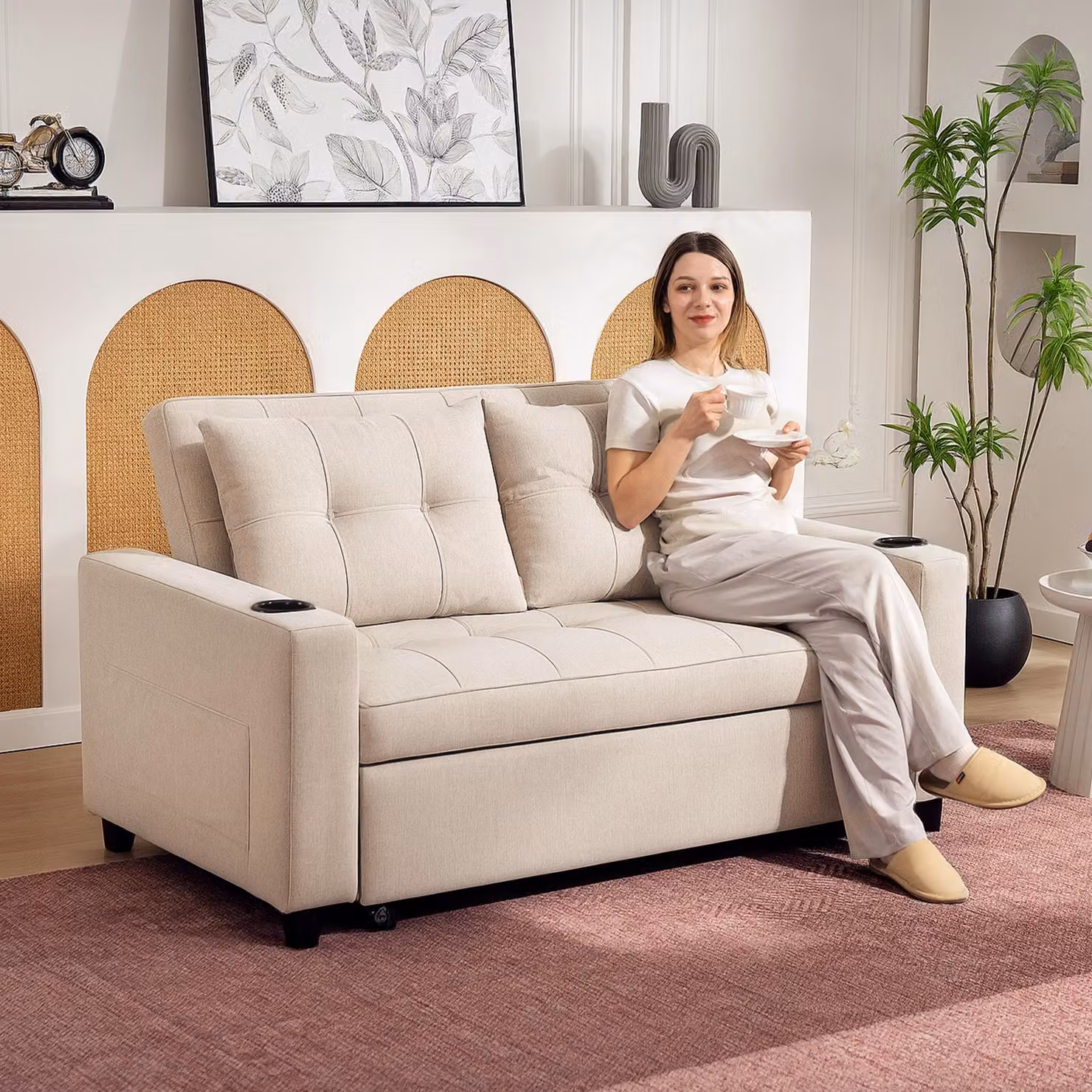 HOMCOM Two-Seater Click-Clack Pull-Out Sofa Bed with Cup Holders in Beige – 2