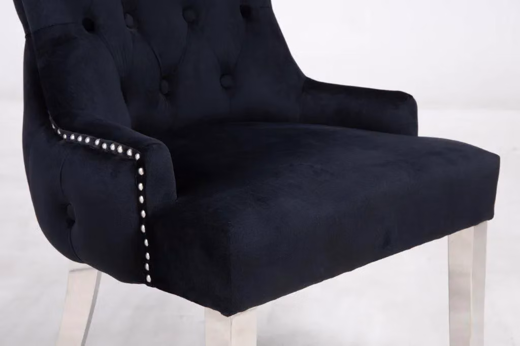 Modernique Pair of Black Velvet Solid Back Dining Chairs with Chrome Knocker and Metal Legs – 2