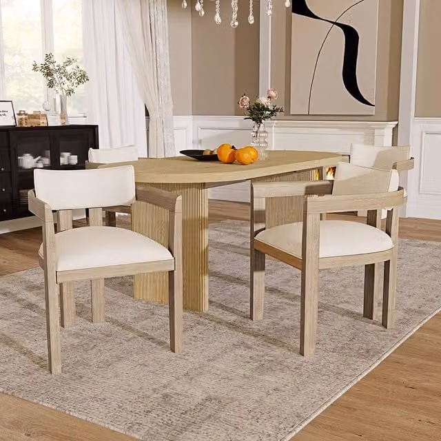 BTM Set of 6 Modern Solid Wood Dining Chairs with Beige Textured Linen Upholstery