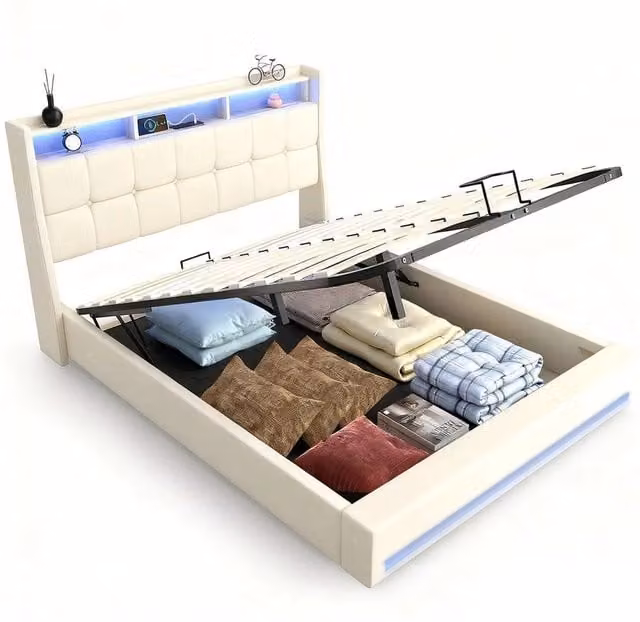 SPETLEK Upholstered Double Bed with Storage Panel and Under-bed Lighting in Beige and White