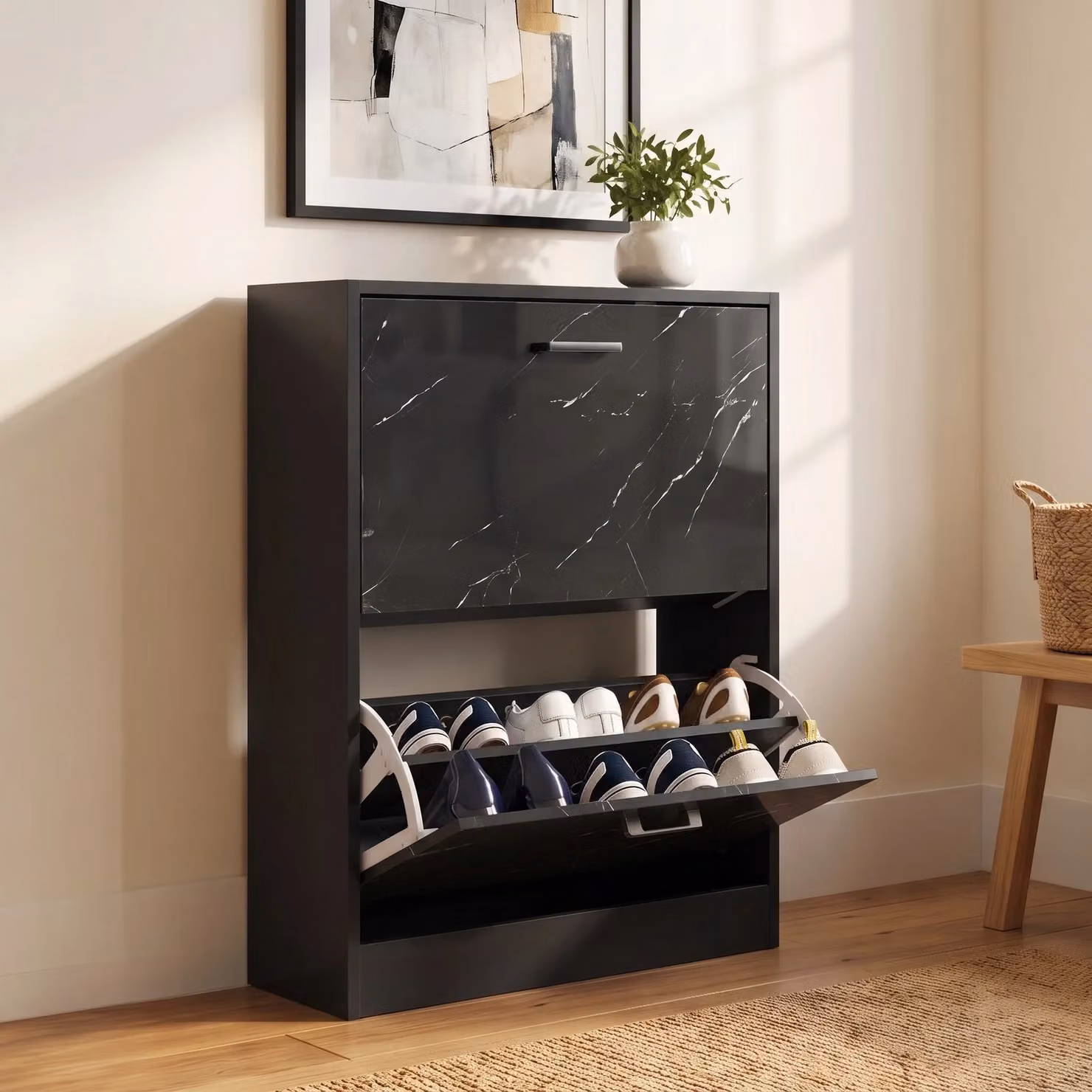 Modern Black Glossy Slim Shoe Storage Cabinet with Tilting Compartments and Ventilation for Hallways