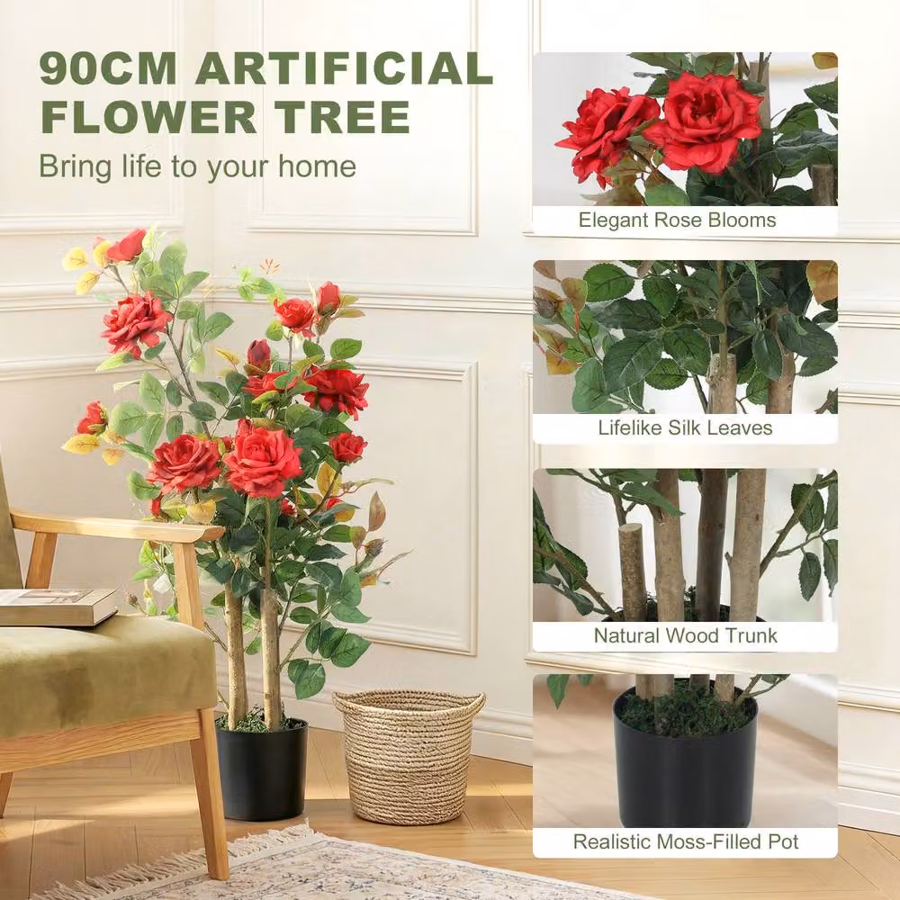 HOMCOM Set of 2 Red Artificial Rose Trees with 344 Silk Leaves and 17 Flowers – 5