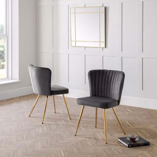 Julian Bowen Cannes Set of 2 Modern Upholstered Velvet Dining Chairs in Grey and Gold