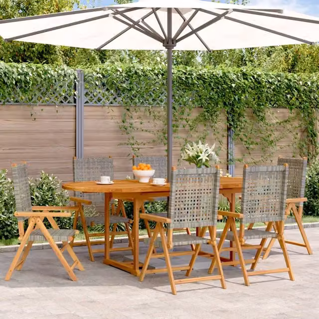 Berkfield Home 7 Piece Grey Poly Rattan and Acacia Wood Garden Dining Set – 1