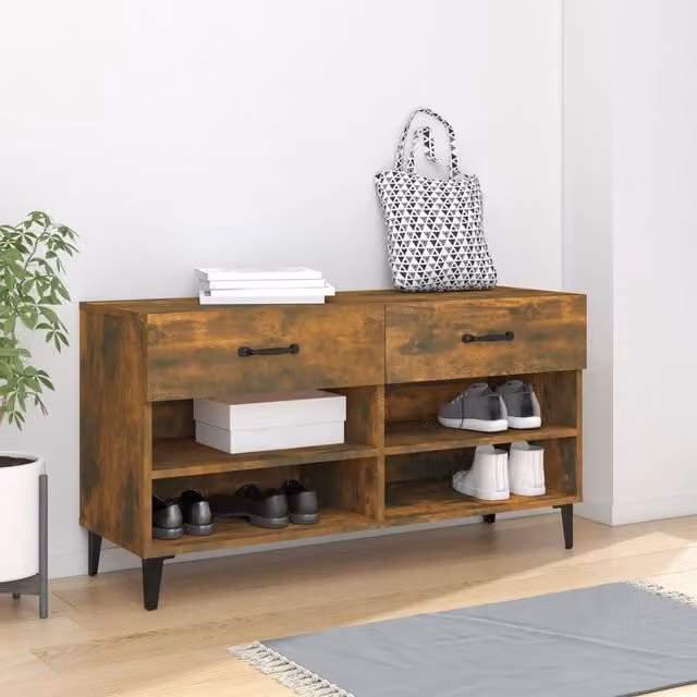 Berkfield Home Smoked Oak Shoe Cabinet in Brown, W/D/H: 102 x 35 x 55 cm