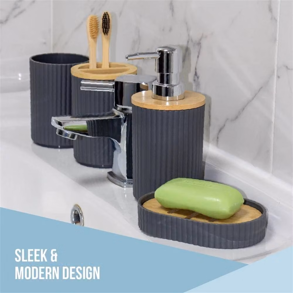 Nordara Grey Modern Bathroom Essentials Set with Toothbrush Holder, Toilet Brush, Soap Dish, Soap Dispenser and Tumbler – 3