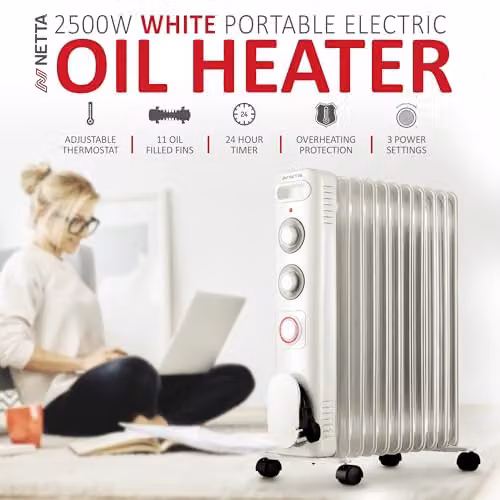 Netta 2500W Electric Oil Filled Radiator with Thermostat, 24 Hour Timer and Overheat Protection, White – 2