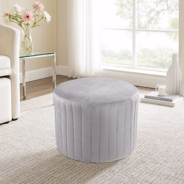 Livingandhome Round Velvet Upholstered Stool in Grey