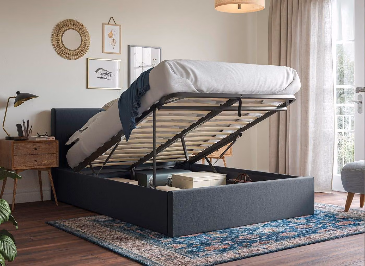 Dreams Yardley Upholstered Ottoman Bed Frame with Lift Up Base in Black or Grey