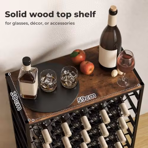 Levede 30 Bottle Metal Freestanding Wine Rack with Wooden Top, 6-Tier Industrial Floor Standing Wine Storage Shelf in Black and Brown, W: 59 cm, D: 30 cm, H: 88 cm – 8