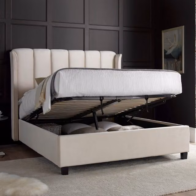 Bedmaster Aurora Art Deco Velvet Ottoman Bed in Beige, 220cm