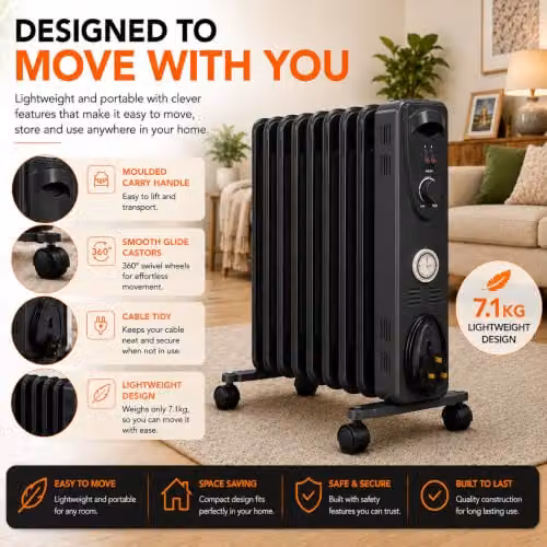 Mylek 2000W Oil Filled Radiator in Black and Grey, Freestanding Metal Heater with Thermostat, Tilt Protection and Overheat Protection, H 63 cm x W 39 cm – 4
