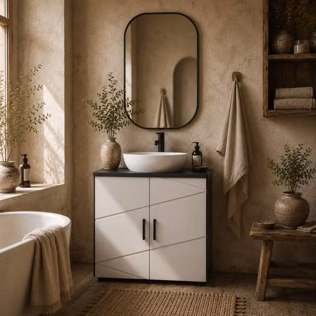 Wyld Haus Light and Dark Grey Pedestal Sink Storage Cabinet with U-Cut Out and Internal Shelves, W/D/H: 60 x 30 x 60 cm – 1