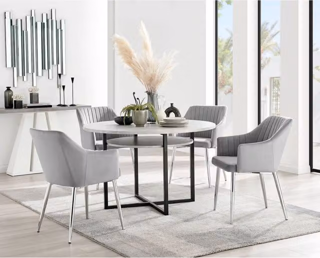Furniturebox Adley Grey Concrete Effect Round Dining Table and 4 Calla Silver Leg Chairs