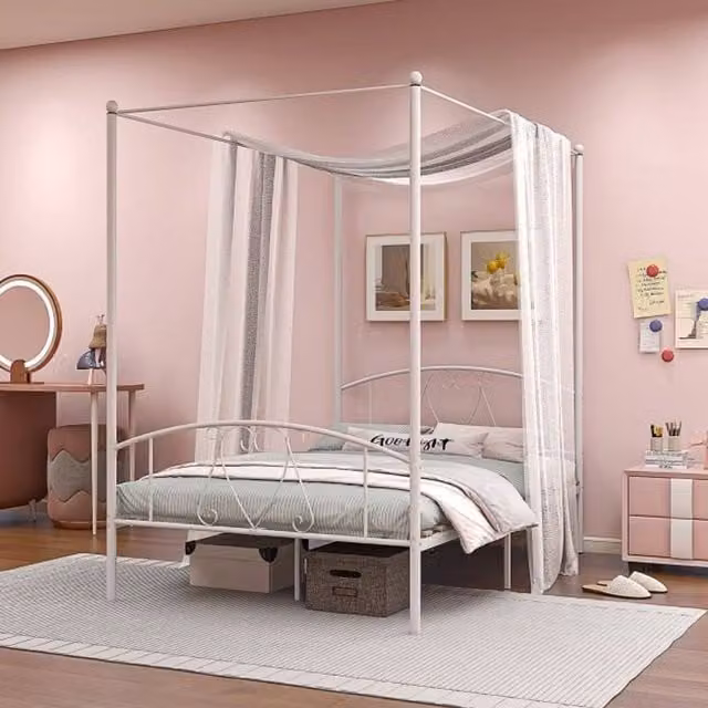 Costway Modern Metal Canopy Bed Frame in White, W/D/H: 140 x 200 cm – 1