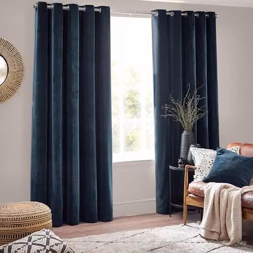 Riva Home Blue Chenille Velvet Eyelet Curtains, Pair, H 229 cm x W 183 cm – 2