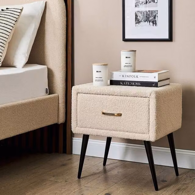 Wyld and Coco Beige Boucle Bedside Table with Black Iron Legs and Rose Gold Handle