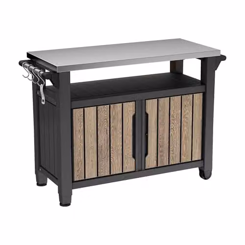 Keter Unity XL Outdoor Kitchen BBQ Table in Ashwood Brown with Stainless Steel Serving Station and Storage