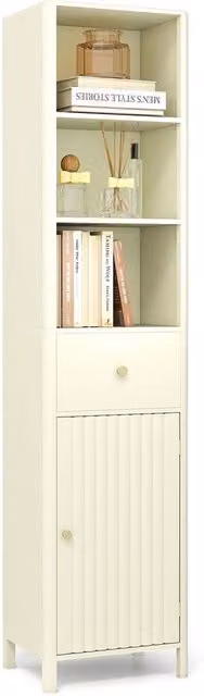 VOGREX Beige Tall Narrow Bathroom Floor Cabinet with Fluted Hinged Doors and Internal Shelves and Drawers, Height: 170 cm