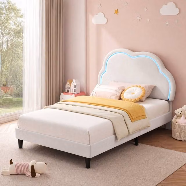 STILVORA Single Upholstered Bed Frame with LED Cloud Headboard in Beige Velvet, W/D/H: 90 x 200 cm