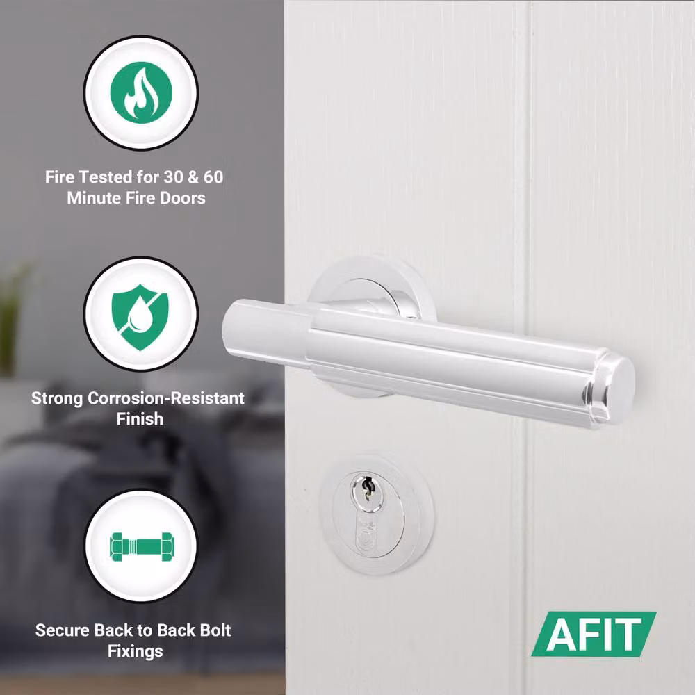 AFIT Chrome Fire Door Handle Set with Euro Lock, Thumbturn, Cylinder and Hinges in Silver – 2