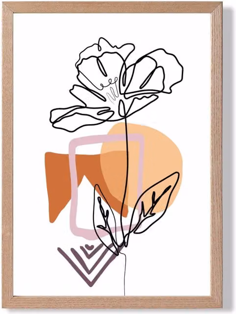 ARTZE Rose Floral Line Art Framed Print with Boho Purple and Orange Shapes in an Oak Wood Frame