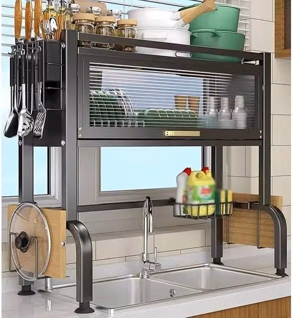 FORGEVIO Black Over Sink Dish Drainer Rack with Cutlery Holder and Drip Tray – 1