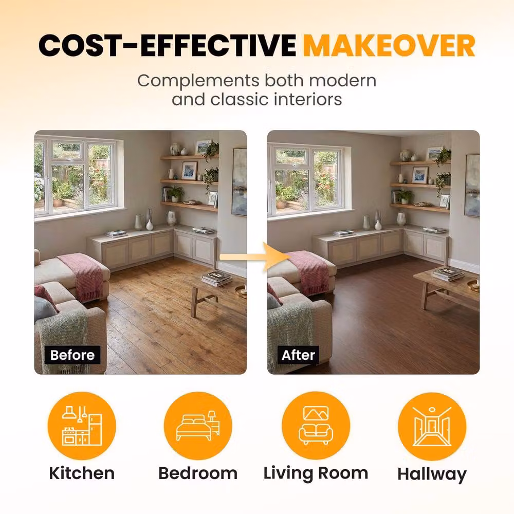Novecrafto Self Adhesive Wood Look Vinyl Floor Planks, Pack of 10, Dark Brown, W: 91.4 cm, D: 15.2 cm – 6