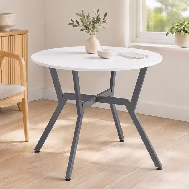 STILVORA Modern Round Gloss White Dining Table with Wooden Structure, W: 90 cm, D: 90 cm, H: 76 cm
